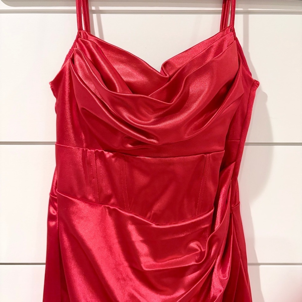 🌟2 for $10 Windsor Red Satin Midi Dress Cowl Neck Mobwife Glam Built-In Cups S